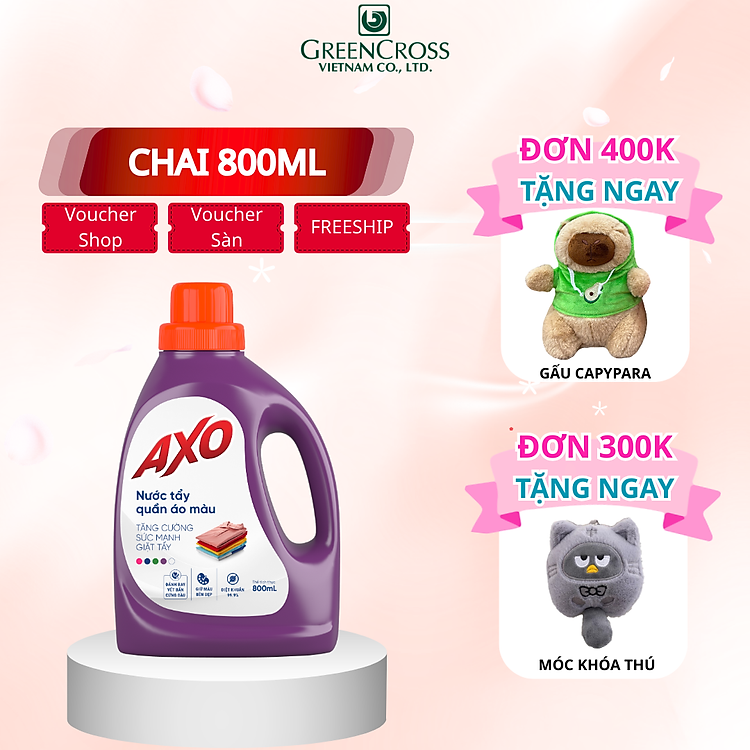 Combo 2-12 chai Nước tẩy quần áo màu AXO 800ml đánh bay vết bẩn đa dạng mùi hương giữ màu cho quần áo