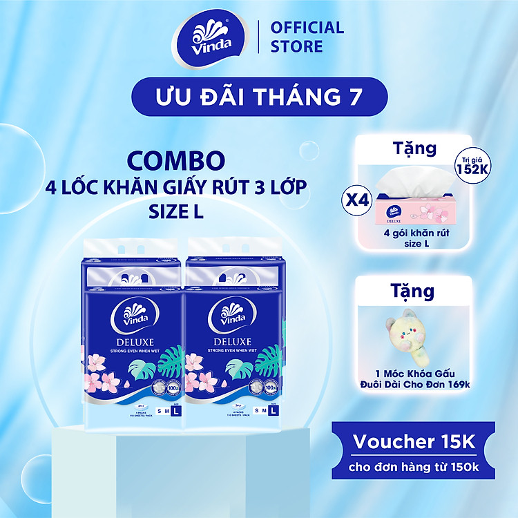 [MUA 4 LỐC SIZE L TẶNG 4 GÓI KHĂN RÚT SIZE L] Khăn giấy rút cao cấp Vinda Deluxe 3 lớp 110 tờ size L (4 Gói)