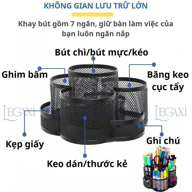 Khay đựng bút 7 ngăn xoay 360 độ kim loại - Ảnh 4