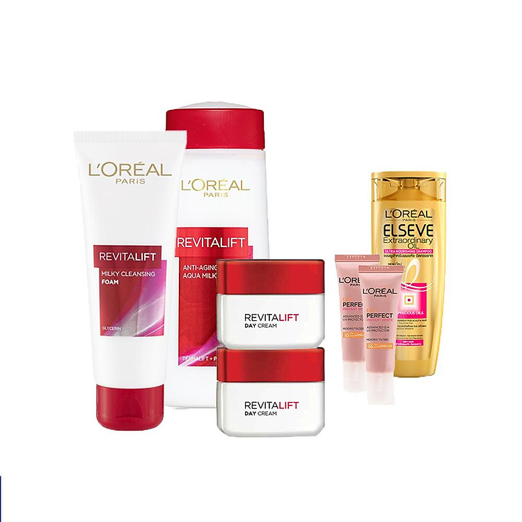Bộ dưỡng da chống lão hóa Revitalift ban ngày L'Oreal Paris và Dầu gội Elseve Extraordinary Oil Ultra Nourishing