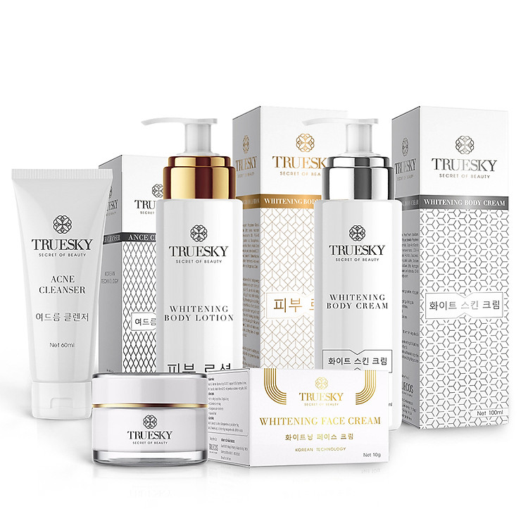 Bộ Truesky VIP03 gồm 1 ủ trắng body 100ml & 1 dưỡng trắng body 100ml & 1 dưỡng trắng da mặt 10g & 1 sữa rửa mặt 60ml