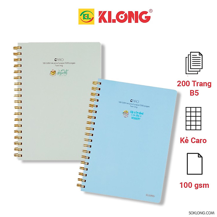 Sổ lò xo kép / Vở lò xo Klong Caro B5 bìa nhựa - 80 / 120 / 200 trang