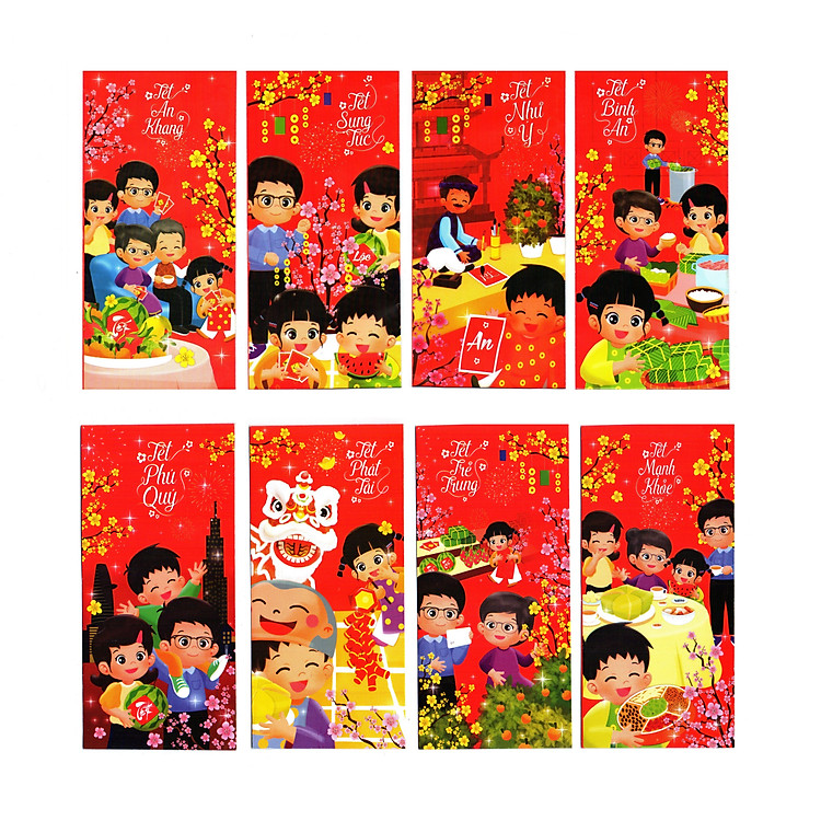 Xấp Bao lì xì truyền thống An Khang - Sung Túc - Như Ý - Bình An - Phú Quý - Phát Tài - Trẻ Trung - Mạnh Khỏe