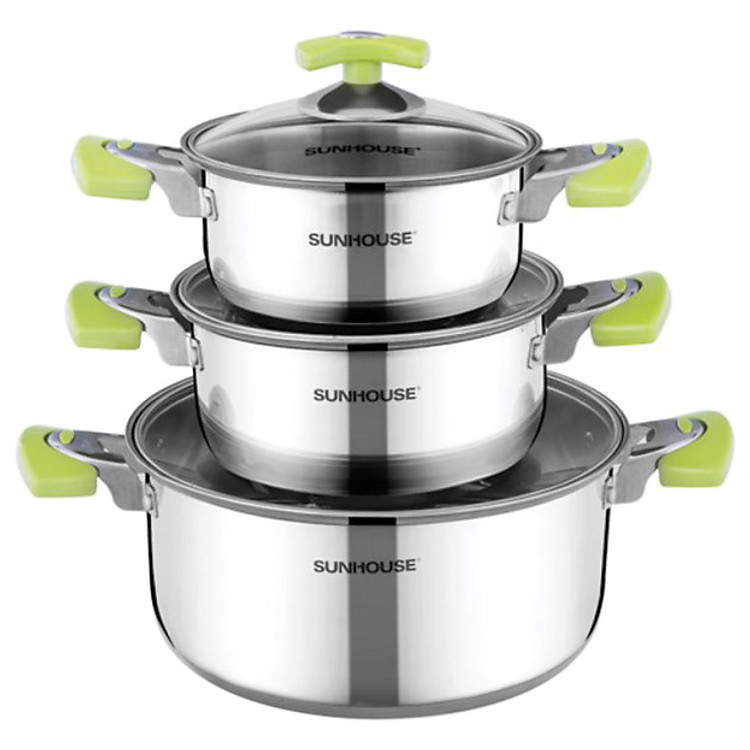 Bộ Nồi inox 3 đáy Sunhouse SH336 (16cm, 18cm, 24cm) - Dùng cho mọi loại bếp - Hàng chính hãng