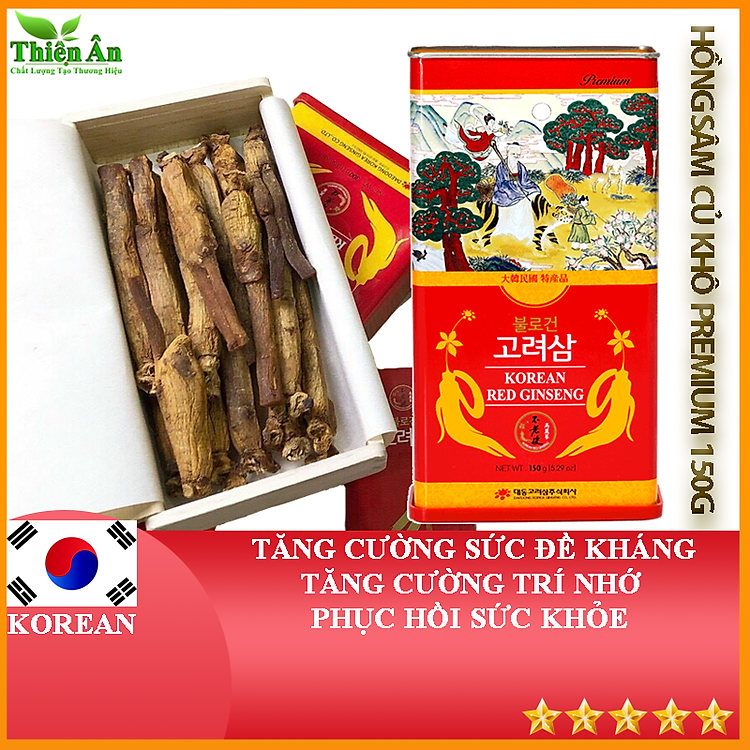 Hồng Sâm Củ Khô Daedong Hàn Quốc 150g Dòng Premium 6-10 Củ