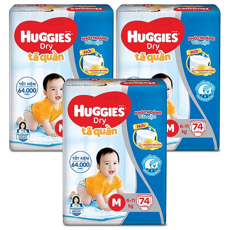Combo 3 Gói Tã Quần Huggies Dry Gói Cực Đại M74 (74 Miếng) - Bao Bì Mới