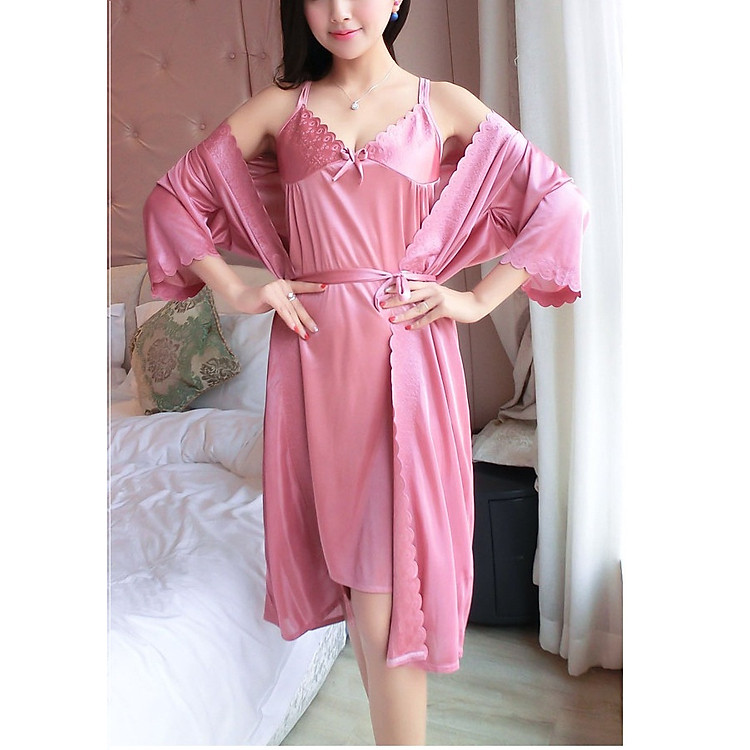 Set váy ngủ kèm áo choàng phi lụa mềm mát, nhẹ nhàng (có nhiều màu)
