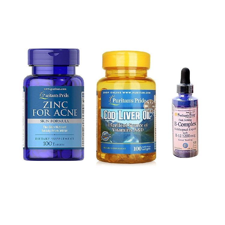 Combo thực phẩm chức năng dành cho da dầu, giảm mụn đầu đen và mụn bọc Puritan's Pride: Zinc for acne 100v, B complex liquid 1200mcg, Cod liver oil 100v 5.0
