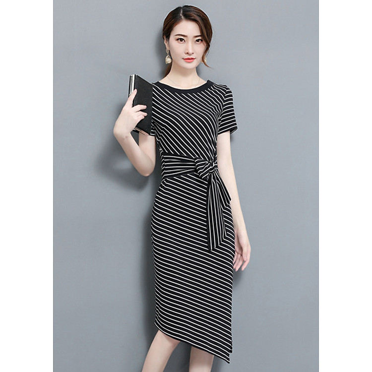 Đầm ôm dự tiệc đẹp kiểu đầm ôm sọc xéo xẻ tà cột eo SC376