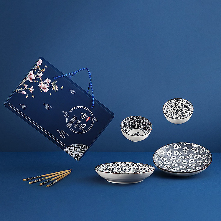 Bộ chén đĩa sứ cao cấp phong cách Nhật Bản (2 chén 2 đĩa 2 đũa)