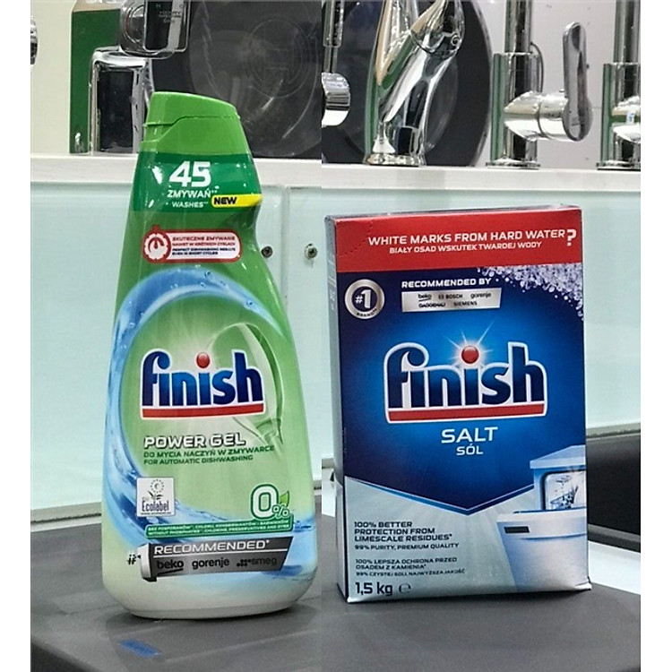 Combo Gel rửa bát Finish 1500ml dạng lỏng + Muối 2kg dùng cho máy rửa chén bát + Tặng viên Finish