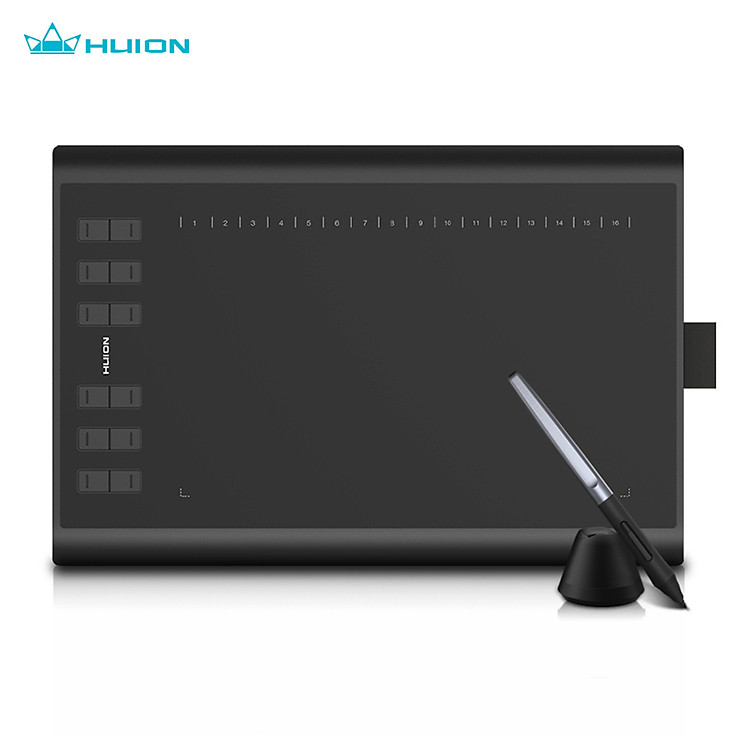 Bảng vẽ micro USB Huion H1060P với 12 nút phím cơ đi kèm với bút vẽ lớn không pin
