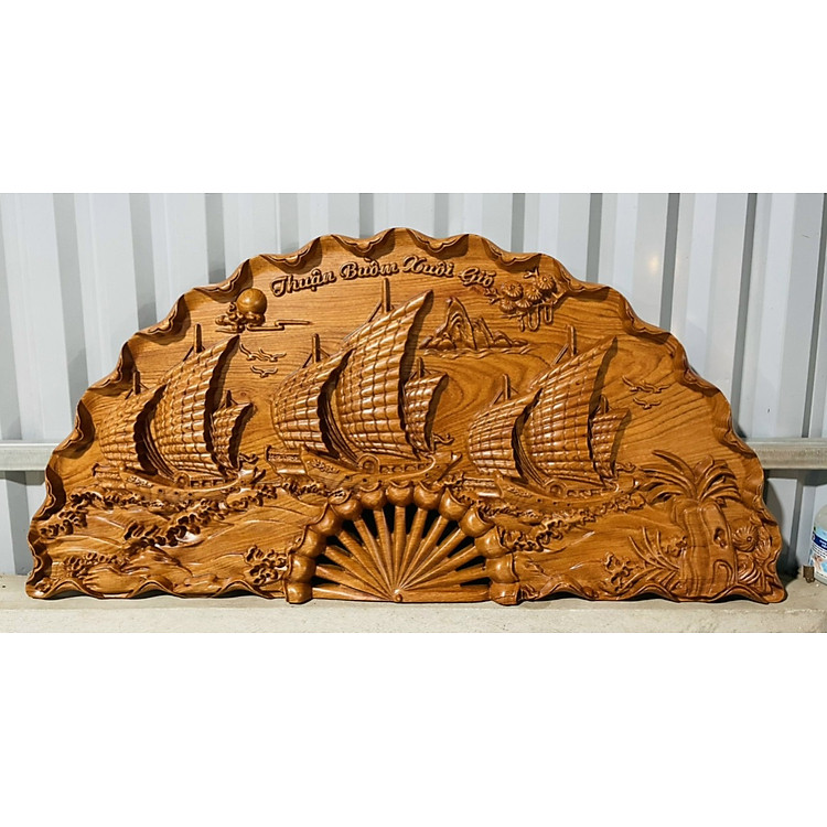 Tranh cánh quạt treo tường trạm khắc thuận buồm xuôi gió bằng gỗ hương đá kt 100×50×4cm