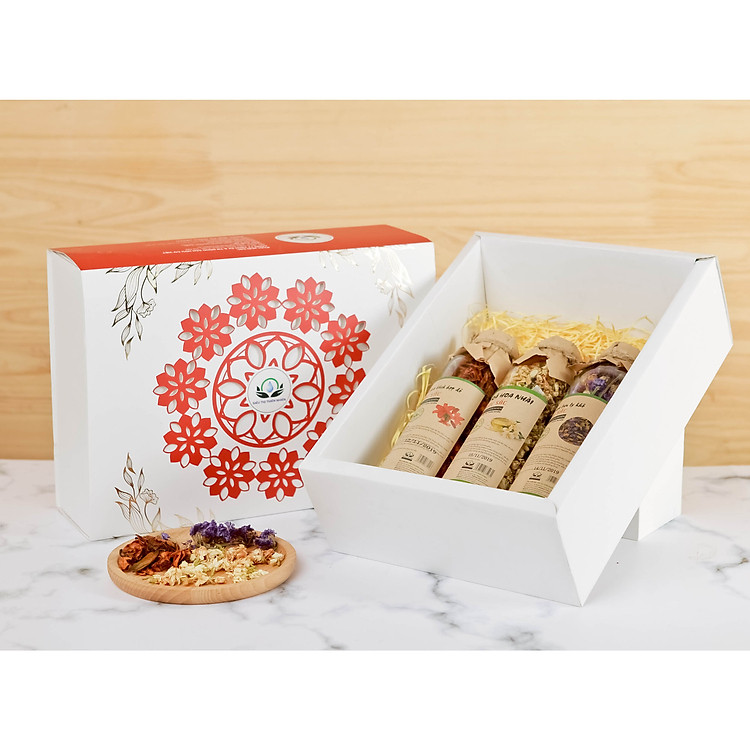 Hộp quà tặng trà hoa cao cấp - Set 14: Trà hoa bách hợp đỏ, Hoa nhài, Lưu ly