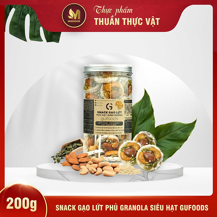 Snack Gạo Lứt Phủ Granola Siêu Hạt GUfoods 200g - Bữa ăn nhẹ tiện lợi, Giàu dinh dưỡng, Ăn vặt healthy, Hỗ trợ giảm cân, Ăn kiêng, Eat clean, Thuần chay