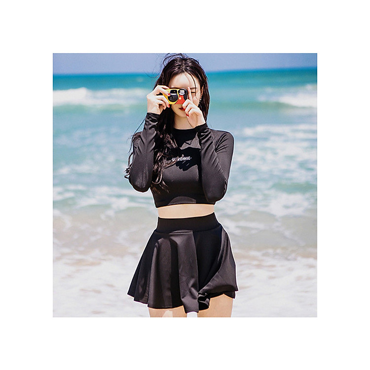 Bikini váy bơi nữ dài tay đen