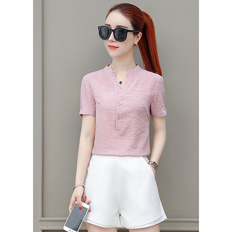 Sơ mi nữ ngắn tay cổ trụ chui đầu 33