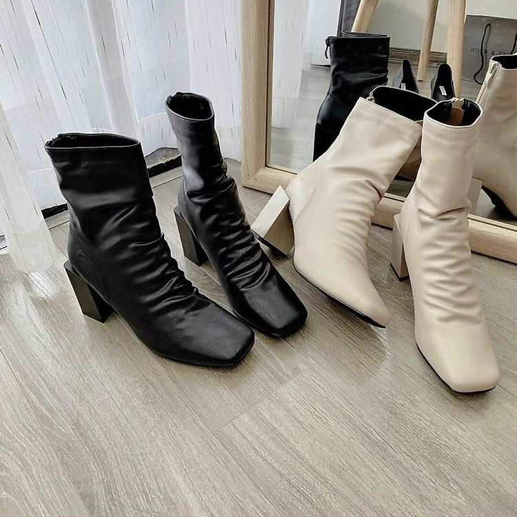 Bốt nhăn da lì, Boot nữ để gót vuông 7 phân cho chị em công sở mã F01