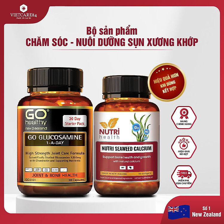 Bộ sản phẩm chăm sóc xương khớp: Viên xương khớp GO GLUCOSAMINE 1-A-DAY ; Canxi hữu cơ New Zealand Nutri Seaweed Calcium
