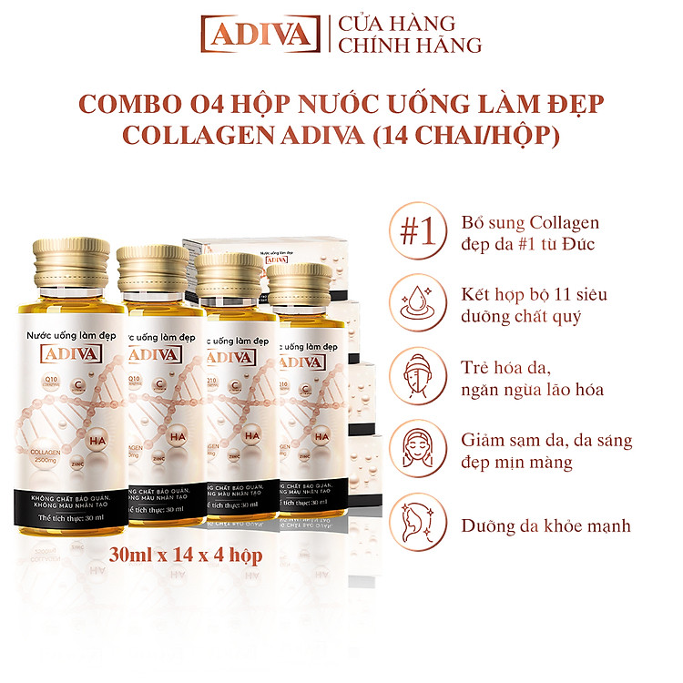 Combo 4 Hộp Nước Uống Làm Đẹp Collagen ADIVA Tem Trắng (14 Chai/Hộp)- Giúp Làn Da Săn Chắc, Ảm Mịn Và Căng Bóng