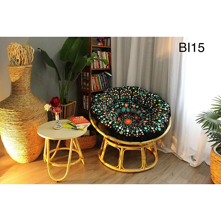 Ghế lười mây thật Tundo papasan cao cấp nệm hoa văn Indochine 1m