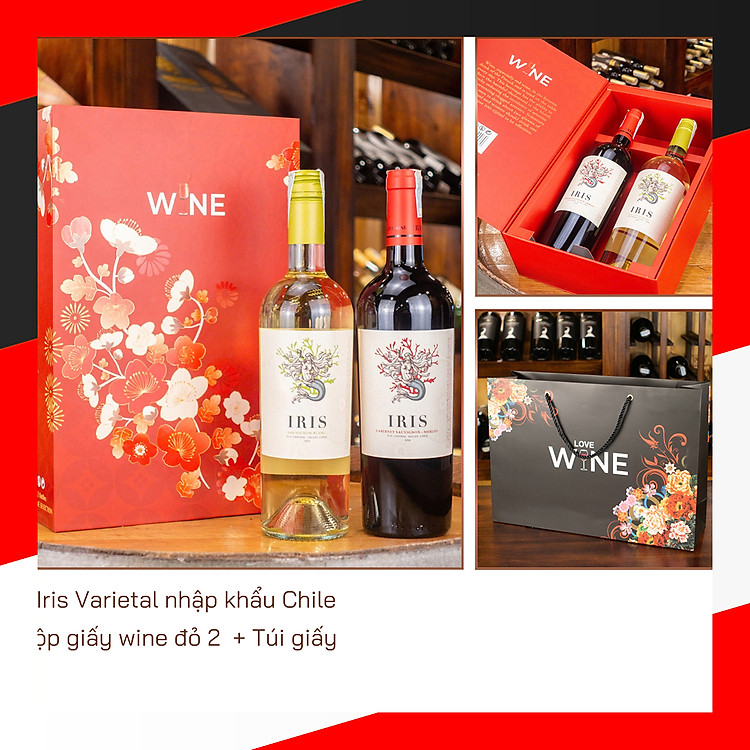 Hộp wine đỏ 2 chai rươuj vang Iris Chile