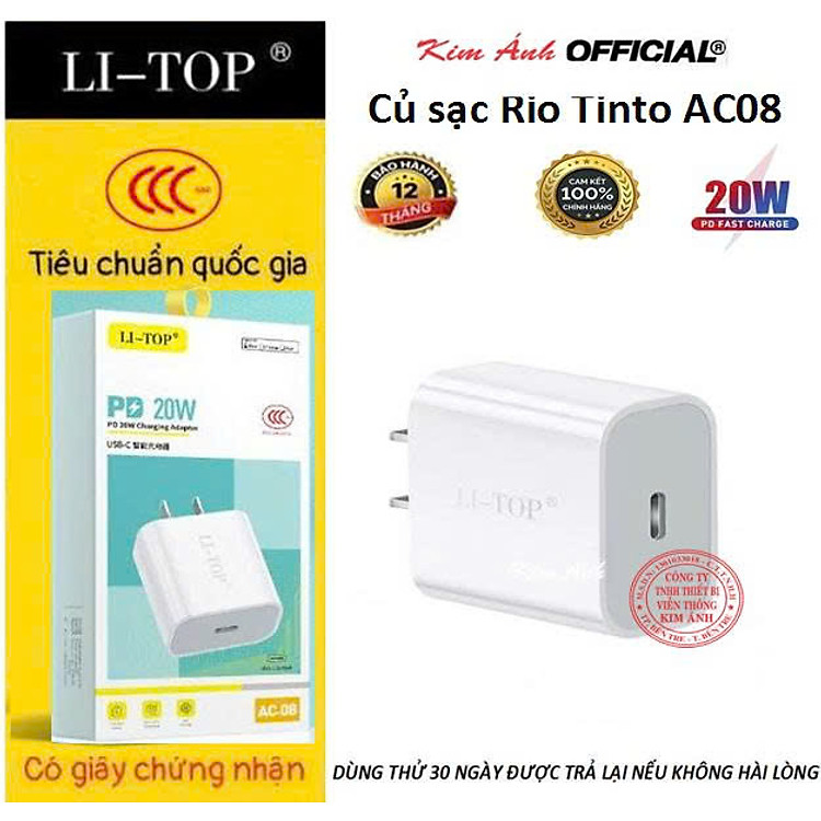 Củ sạc nhanh LI-TOP AC08, PD 20W, đạt chứng nhận 3C tiêu chuẩn quốc gia về an toàn thiêt bị điện, hàng chính hãng bảo hành 12 tháng