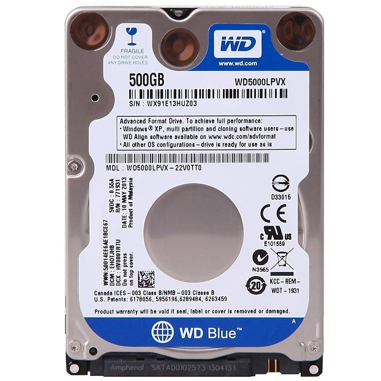 Ổ Cứng Laptop WD Blue 500G/16MB/5400/2.5/7mm - WD5000LPCX - Tặng Kèm Móc Khóa 4Tech - Hàng chính hãng