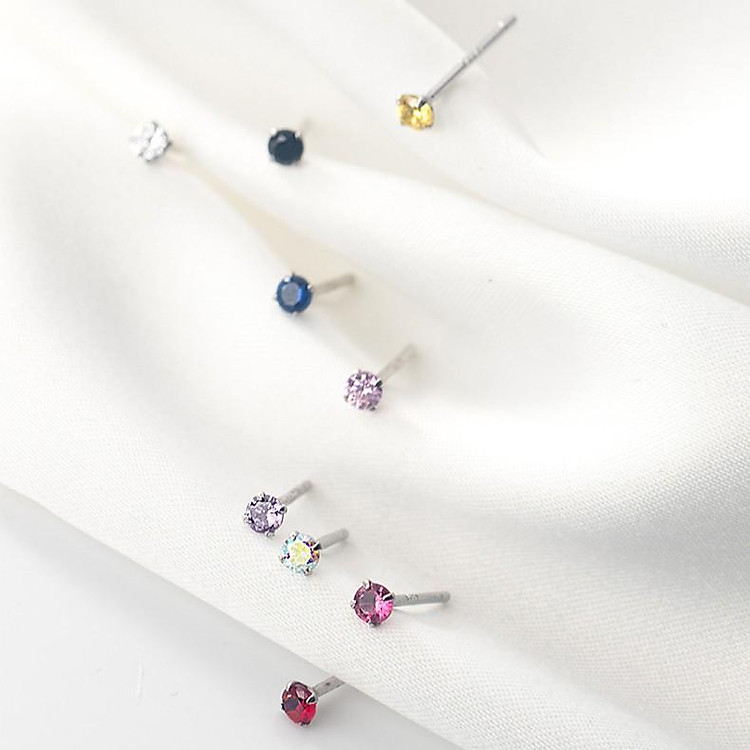 Khuyên tai bông tai nữ bạc s925 nhỏ xỏ mini đầu tròn đính đá pha lê lấp lánh nhiều màu