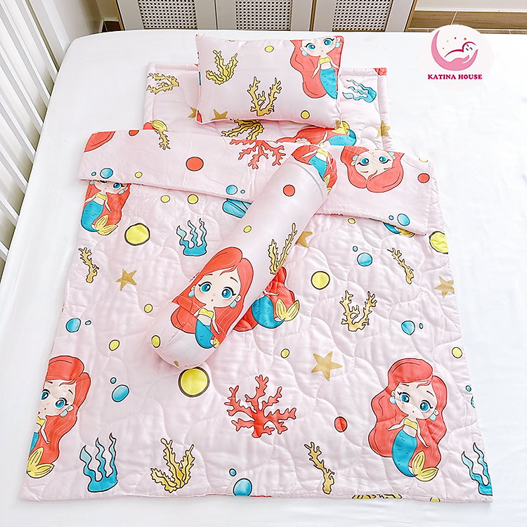 Combo 4 món Chăn gối nệm cho bé đi học Katina House, vải Tencel mềm mát, thấm hút tốt