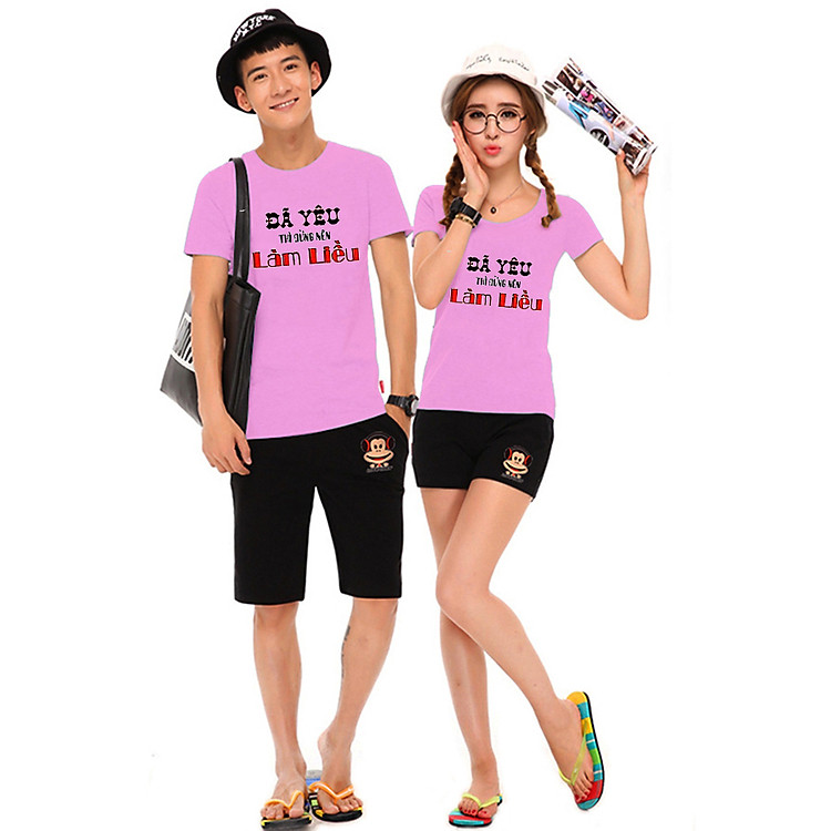 Bộ Áo Thun Đôi Nam Nữ Đã Yêu Thì Đừng Làm Liều Màu Hồng Phấn