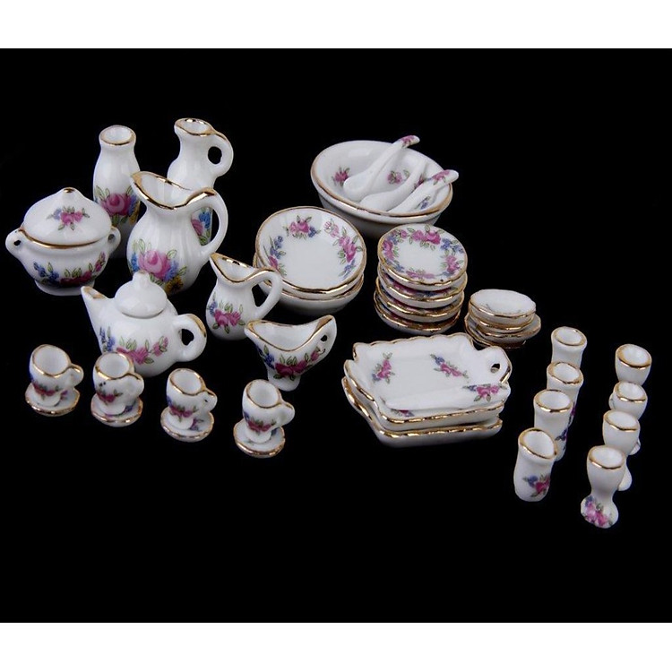Bộ full đồ sứ dành cho nhà bếp tem hoa hồng trang trí nhà búp bê, tiểu cảnh