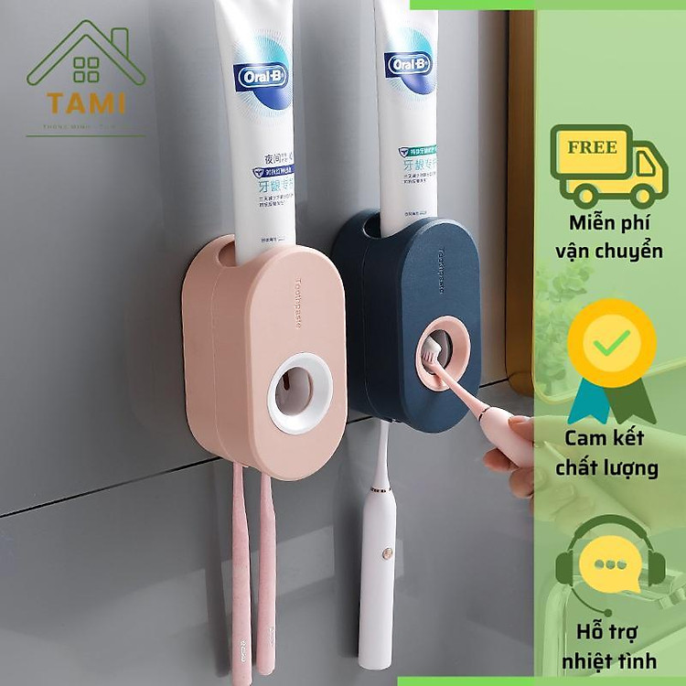 Nặn kem đánh răng tự động gắn tường, máy bóp kem đánh răng kèm giá treo bàn chải 2 trong 1