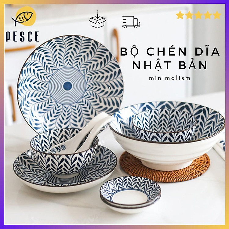Bộ Bát Đĩa Ăn Cơm - Bộ Chén Đĩa Gốm Sứ Nhật Bản Hoạ Tiết Lá Nhỏ