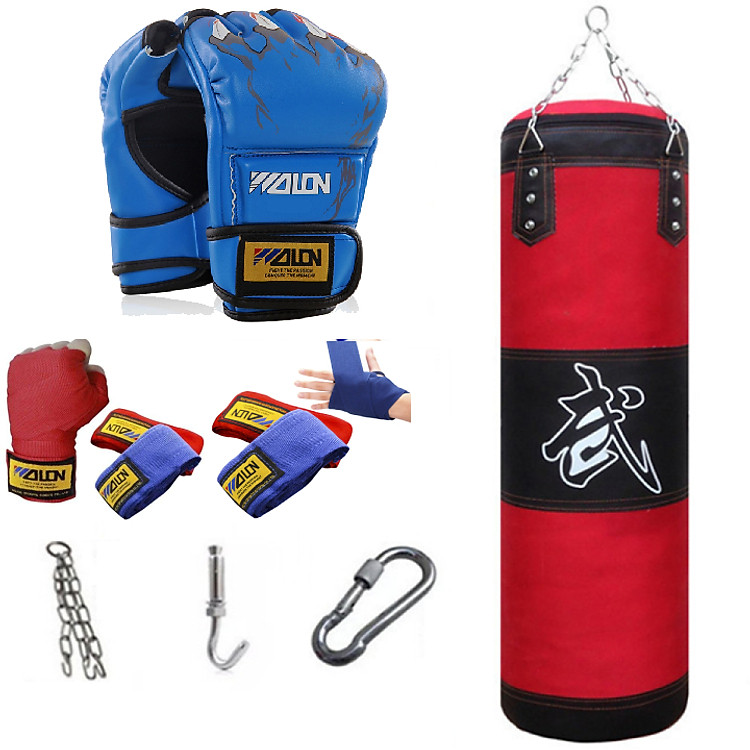 Combo Vỏ bao cát đấm bốc boxing 4 lớp dài 105cm, Ø=35cm + Găng tay đấm bốc mma hở ngón + Băng đa cuốn tay - Tặng kèm thêm 7 món bao gồm dây xích + móc treo + vít nở sắt + lót tay chân