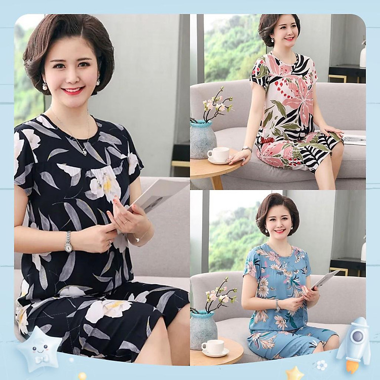 Đồ Bộ Ngủ Trung Niên Quần Lửng Chất Vải Lụa Bộ Lửng Mặc Nhà Cho Mẹ Đồ Ngủ Trung Niên