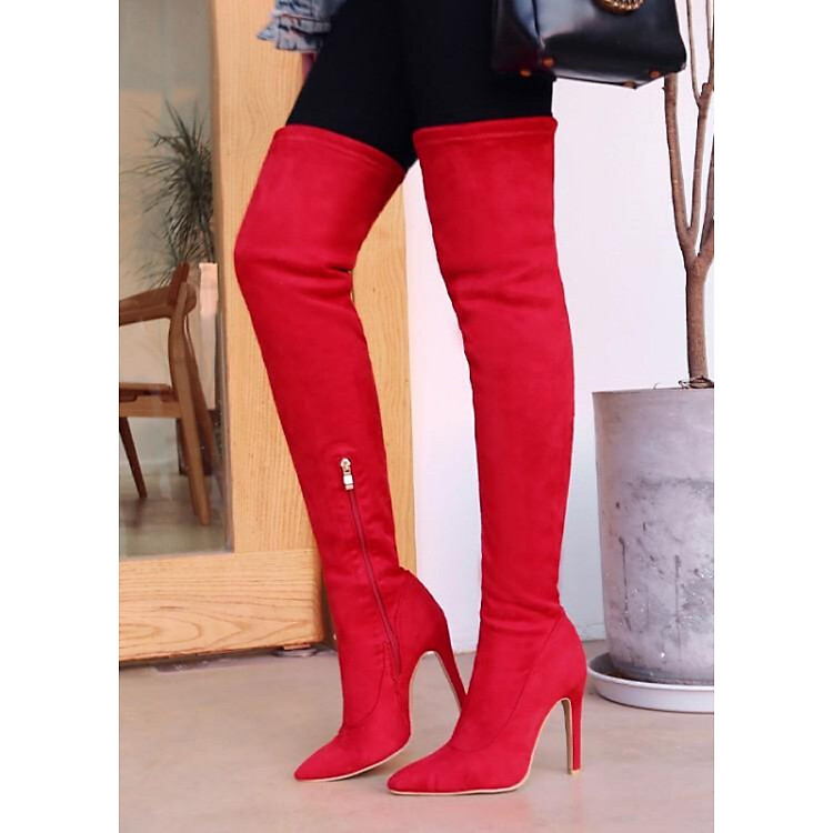Giày boot nữ da lộn qua gối màu đỏ THỜI THƯỢNG GCC0403