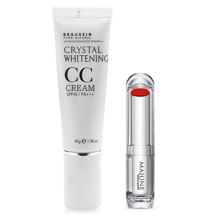 Bộ 1 Kem nền kem che khuyết điểm cc cream Beauskin hàn quốc ( 45g) + 1 son lỳ thảo dược Việt nam Majune (3.5g) SON NGẪU NHIÊN