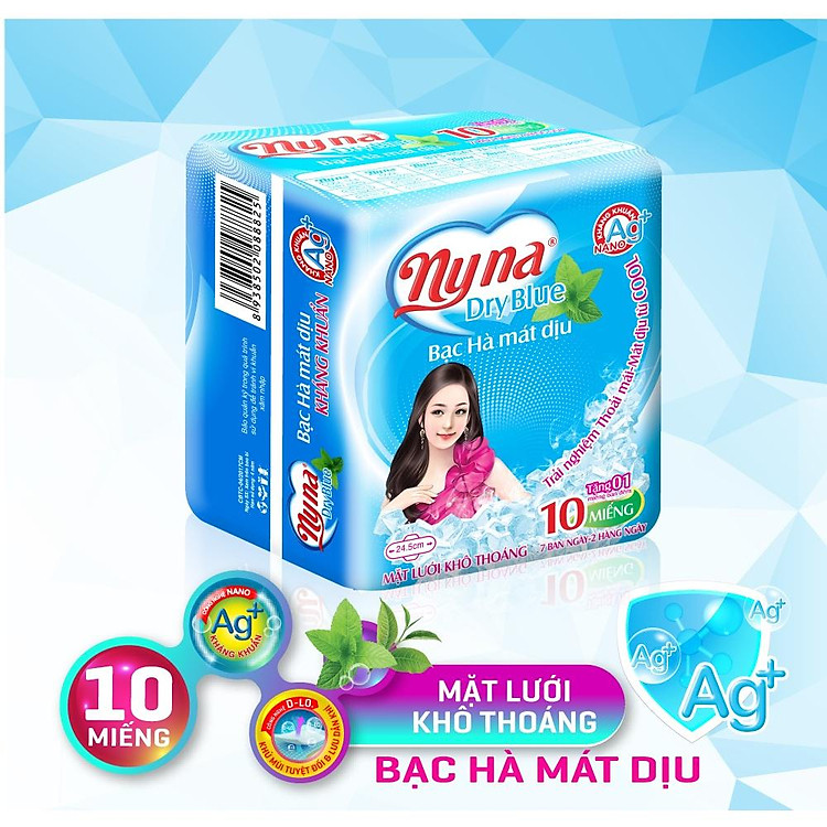 Băng Vệ Sinh NYNA Dryblue 10 Miếng mẫu xanh. Băng Vệ Sinh ban ngày có cánh . BVS kháng khuẩn. Băng vệ sinh phụ nữ mặt lưới 3D khô thoáng, chống tràn. Băng vệ sinh bạc hà cool mát dịu. BVS Nyna chính hãng-1 lố Gồm 8 Gói
