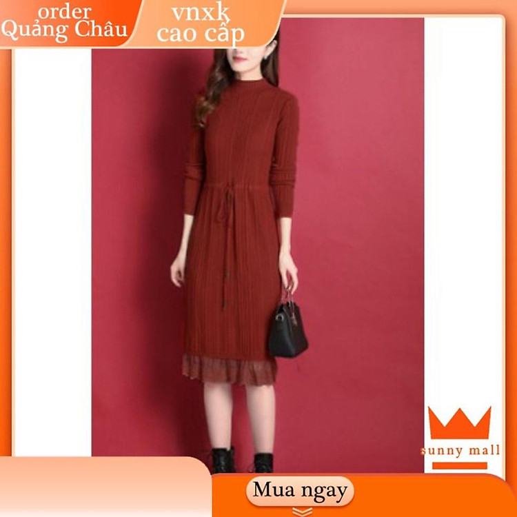 Quảng Châu BIGSIZE Đầm váy nữ mùa đông dệt kim lót nhung len dự tiệc cao cấp đẹp bigsize tay dài nâu đen dài qua gố