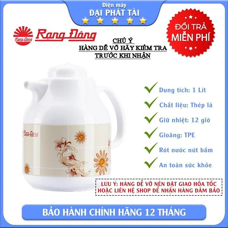 Bình trà giữ nhiệt Rạng Đông RD-1055 1 lít có LỌC TRÀ (màu ngẫu nhiên)