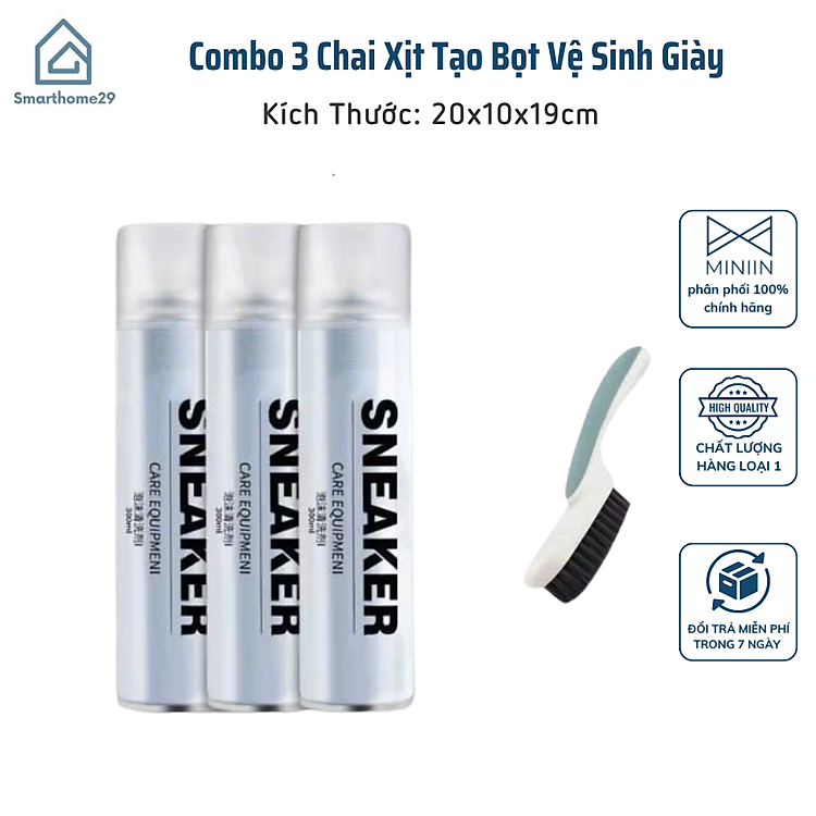 Combo 3 Chai Xịt Tạo Bọt Vệ Sinh Giày, Dép và Túi Xách, Bình Xịt Làm Sạch Trắng Giày