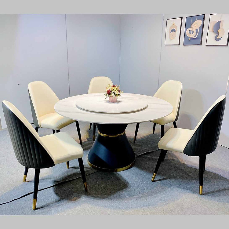 Bộ bàn ăn thông minh mặt đá phiến tròn mâm xoay kết hợp ghế Moca