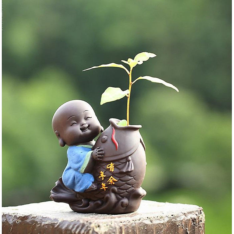 Tượng Chú Tiểu Cưỡi Cá Chép Trồng Cây Cắm Hoa để Bàn - Ảnh 6