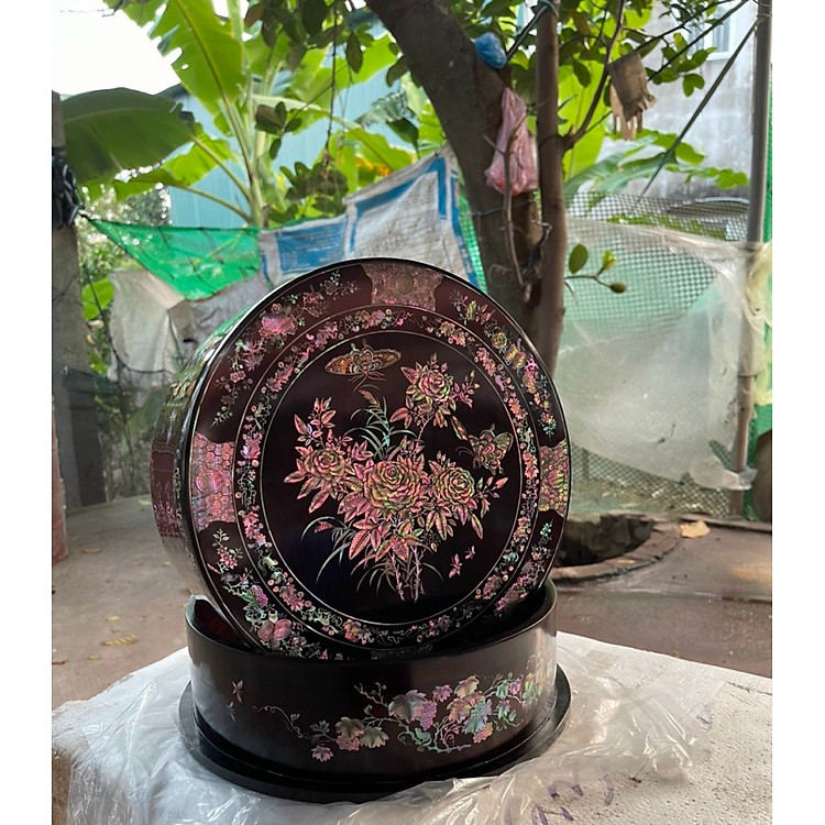 Tráp tròn gỗ gụ khảm xà cừ 30cm (cao 12cm) - Ảnh 3