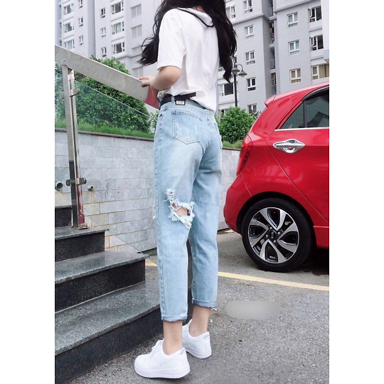 Quần baggy jean nữ rách sau gối