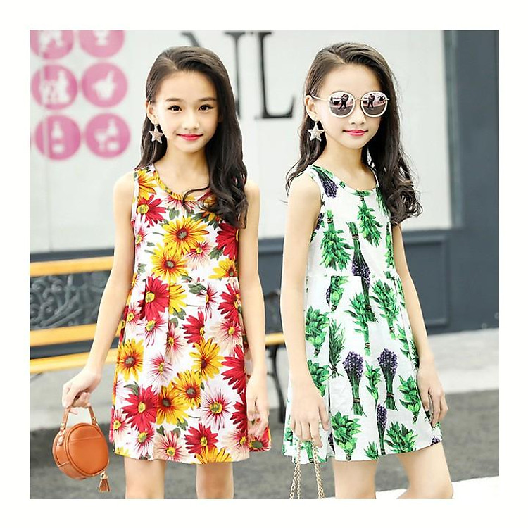 Đầm cotton hoa cỏ mùa xuân tươi tắn cho bé gái 3-10 tuổi phong cách Hàn Quốc xinh xắn – D063