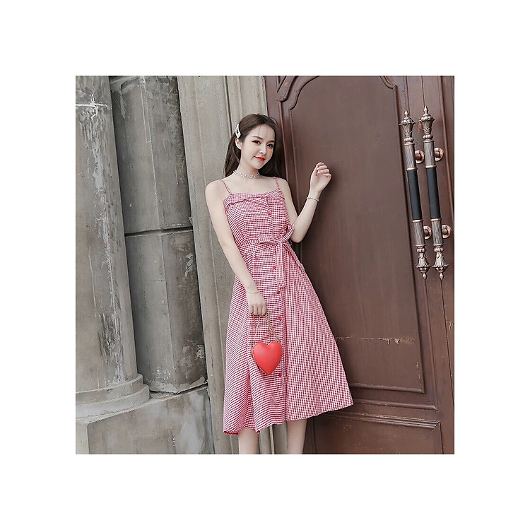 Đầm xòe ca rô 2 dây nơ cột eo