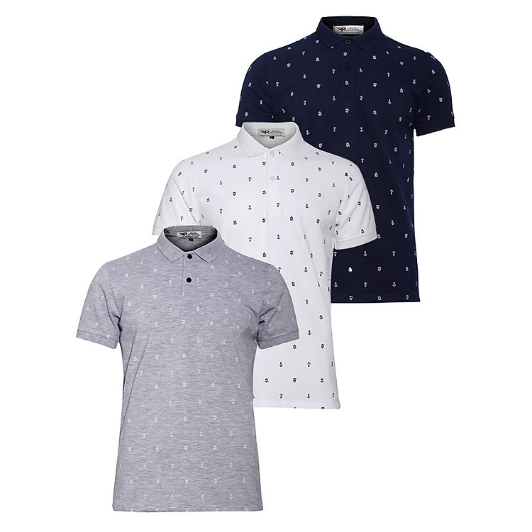 Bộ 3 Áo thun nam Polo hoạ tiết mỏ neo PiGo chuẩn xuất khẩu AHT04 (Xám, Trắng, xanh đen)