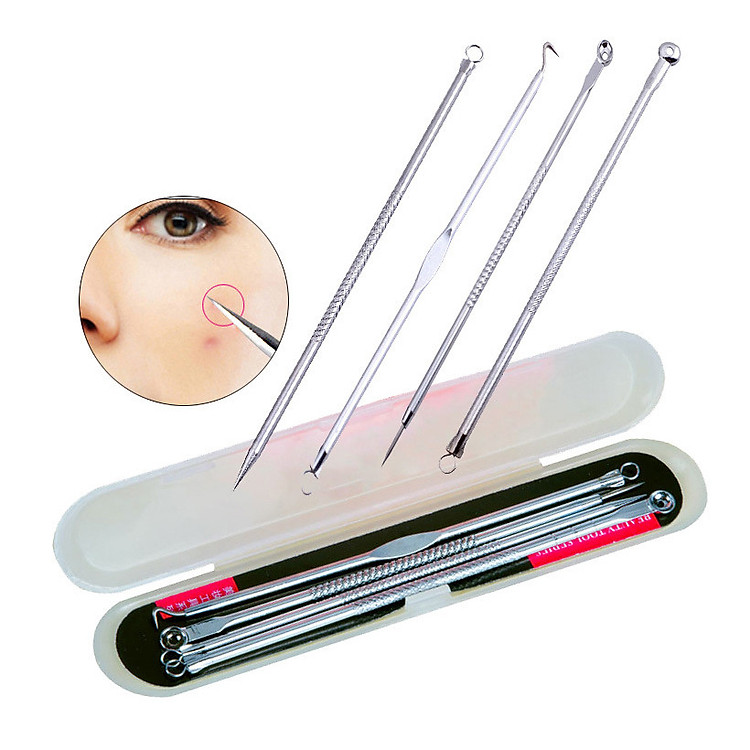 Bộ 4 Món Que Nặn Mụn Bằng Thép Cao Cấp Gồm 8 Đầu Nặn Chuyên Dụng An Toàn (Full Box) - MP042